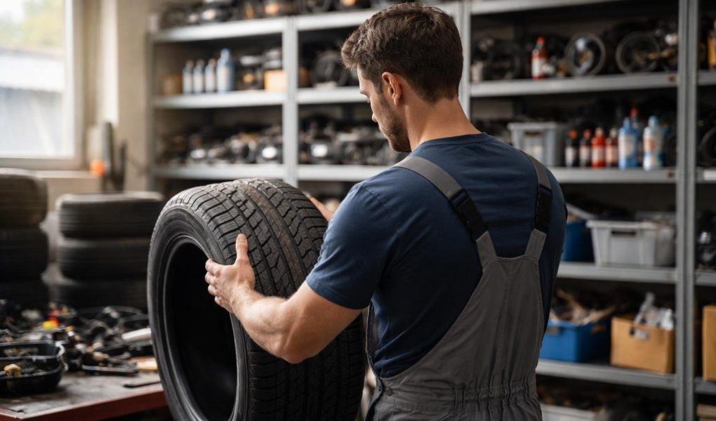 mecanicien-garage-pneu-etageres-pieces
