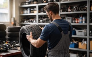 mecanicien-garage-pneu-etageres-pieces