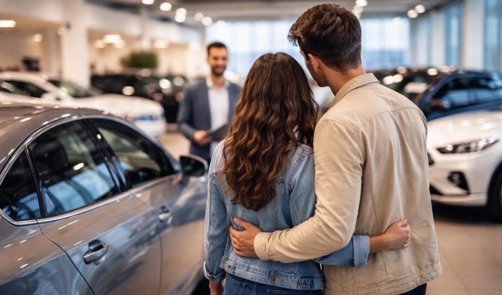 couple-concession-automobile-moderne-voitures