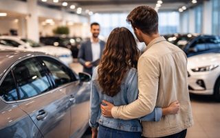 couple-concession-automobile-moderne-voitures