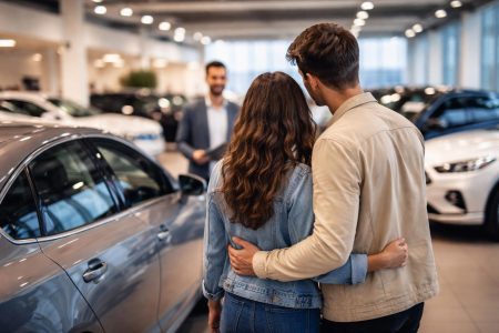 couple-concession-automobile-moderne-voitures