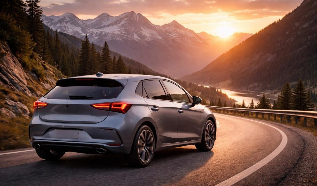 voiture-compacte-route-panoramique-coucher-soleil