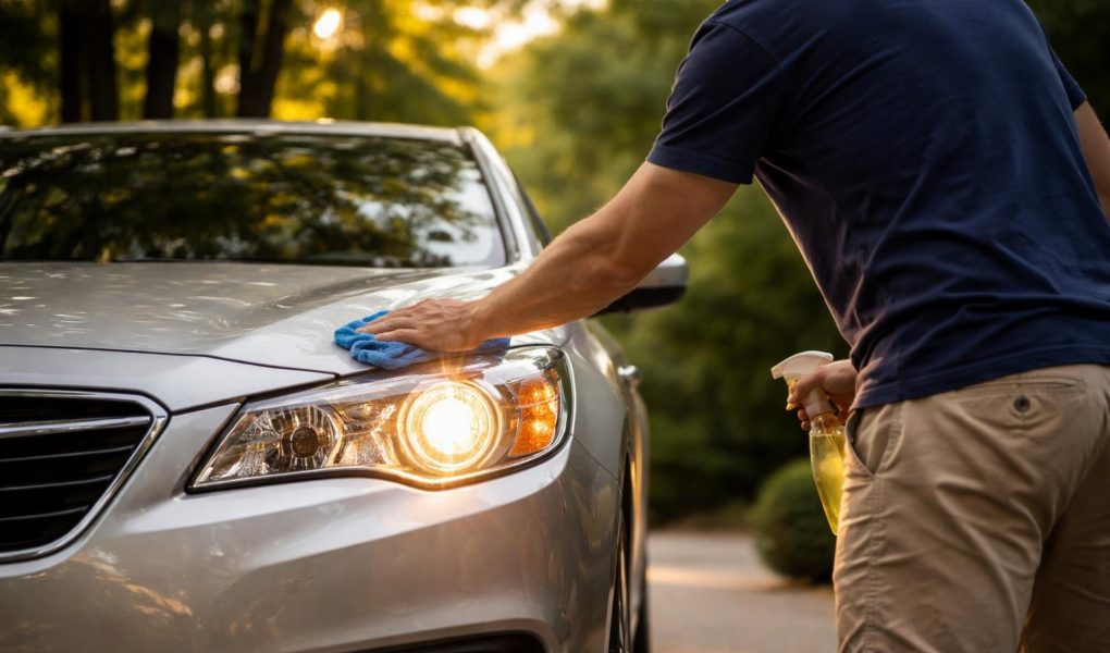 homme-nettoie-phare-voiture-allee