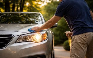 homme-nettoie-phare-voiture-allee