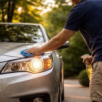 homme-nettoie-phare-voiture-allee
