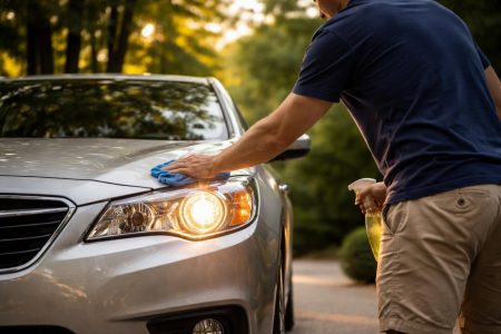 homme-nettoie-phare-voiture-allee